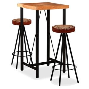 vidaXL Set de bar, 3 buc., lemn masiv acacia, piele naturală și p&acirc;nză