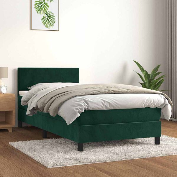 vidaXL Pat box spring cu saltea, verde &icirc;nchis, 80x200 cm, catifea