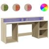vidaXL Birou cu lumini LED stejar sonoma, 200x55x91 cm, lemn prelucrat