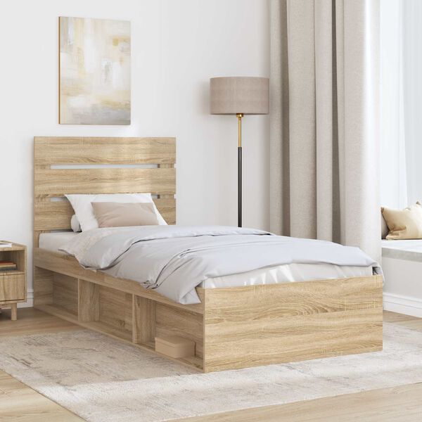 vidaXL Cadru de pat cu headboard Sonoma 90 x 190 cm Lemn de pin masiv