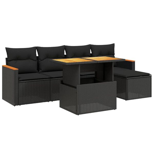 vidaXL Set mobilier de grădină cu perne, 6 piese, negru, poliratan