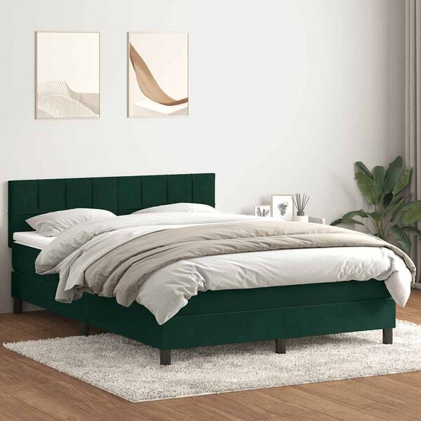 vidaXL Pat box spring cu saltea, verde &icirc;nchis, 160x220 cm, catifea