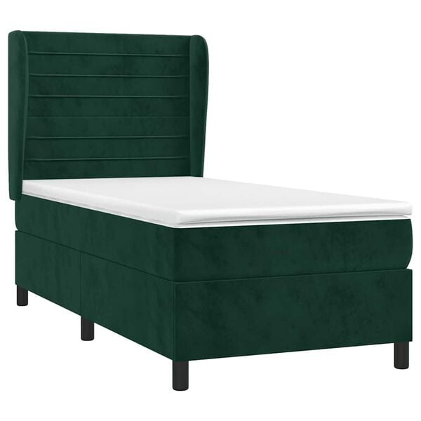vidaXL Pat box spring cu saltea, verde &icirc;nchis, 90x190 cm, catifea