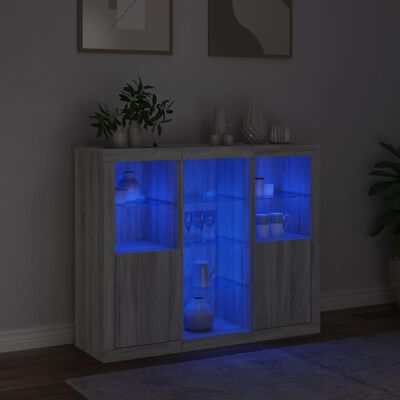 vidaXL Servantă cu lumini LED, 3 buc., gri sonoma, lemn prelucrat