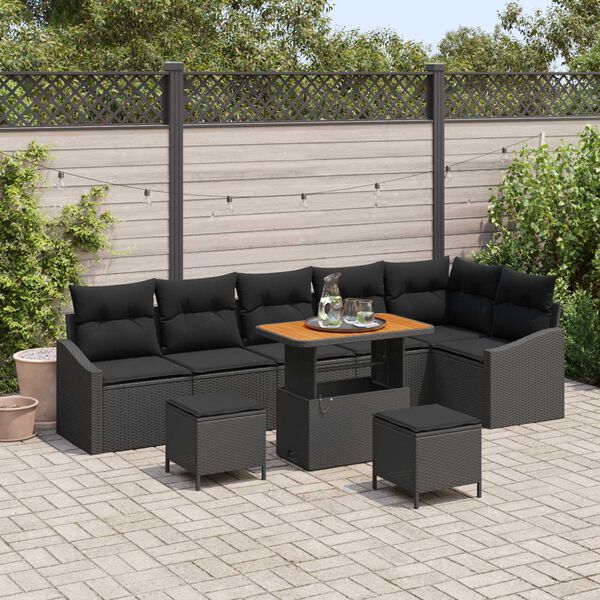 vidaXL Set de canapele pentru grădină cu pernă 9 pcs Negru Rattan poli