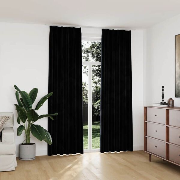vidaXL Draperii opace cu c&acirc;rlige, 2 buc., negru, 140x245 cm, catifea