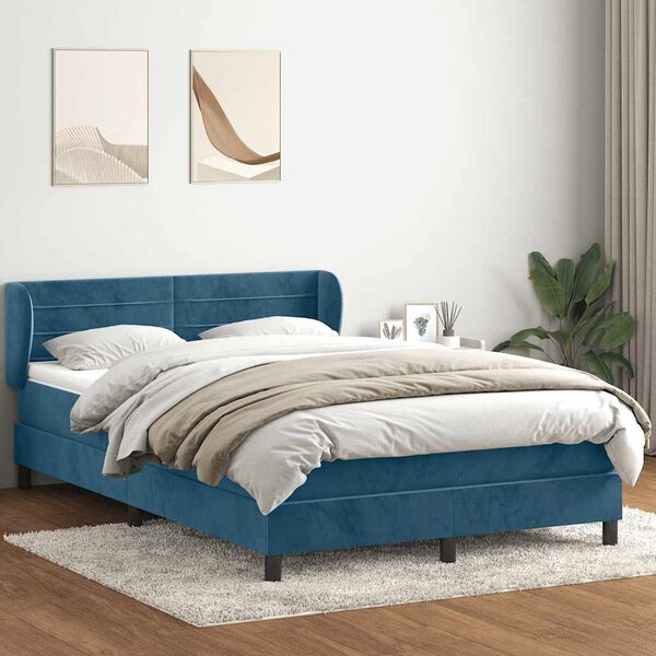 vidaXL Pat box spring cu saltea, albastru &icirc;nchis, 140x220 cm, catifea