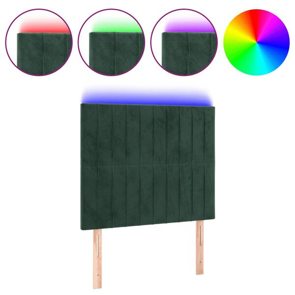 vidaXL Tăblie de pat cu LED, verde &icirc;nchis, 90x5x118/128 cm, catifea