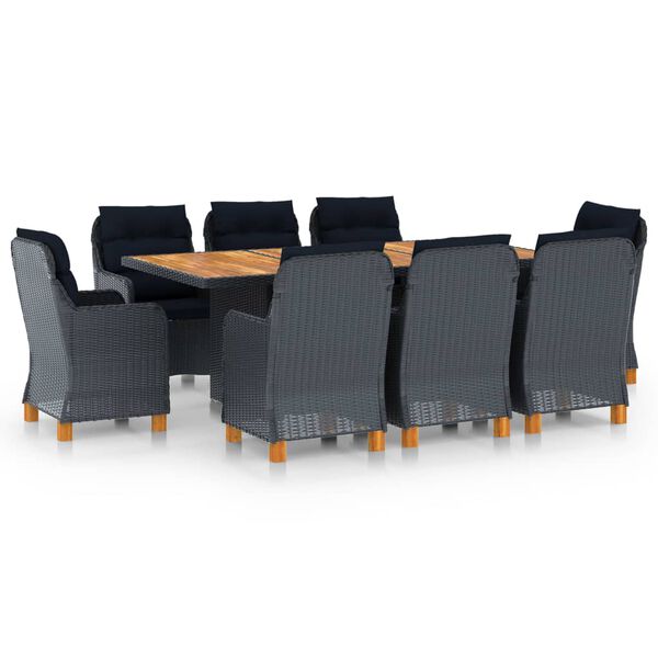 vidaXL Set mobilier exterior cu perne, 9 piese, gri &icirc;nchis, poliratan