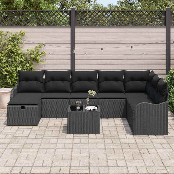 vidaXL Set de canapele pentru grădină cu pernă 9 pcs Negru Rattan poli