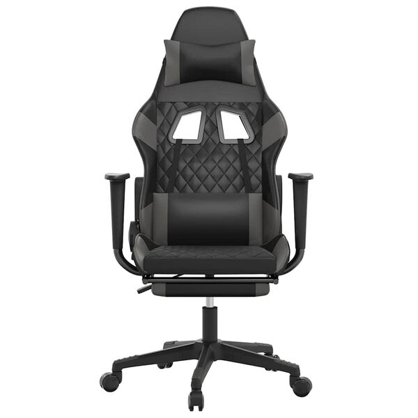 vidaXL Scaun de gaming cu masaj/suport picioare, negru/gri, piele eco