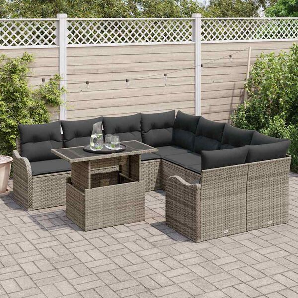 vidaXL Set de canapele pentru grădină cu pernă 9 pcs Gri Rattan poli