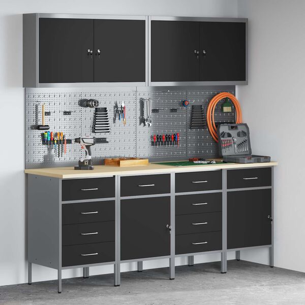 vidaXL Dulap de lucru cu sertar 10 pcs Negru Lemn ingineresc și oțel