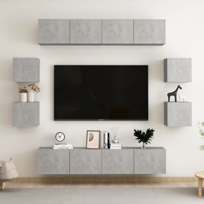 vidaXL Set de dulap TV, 8 piese, gri beton, lemn prelucrat