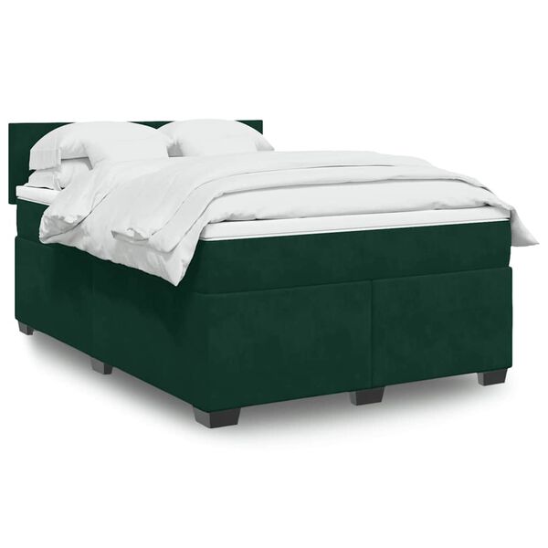vidaXL Pat box spring cu saltea, verde &icirc;nchis, 140x200 cm, catifea