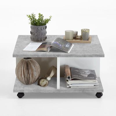 FMD Măsuță de cafea mobilă, gri beton & alb extralucios, 70x70x35,5 cm