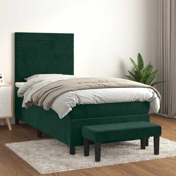 vidaXL Pat box spring cu saltea, verde &icirc;nchis, 100x200 cm, catifea