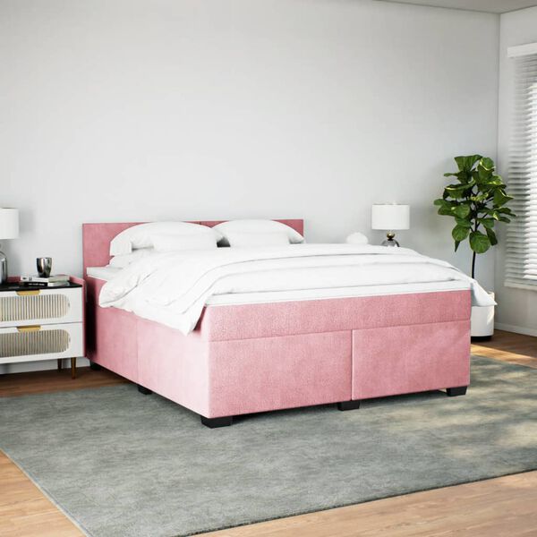 vidaXL Pat box spring cu saltea, roz, 180x200 cm, catifea