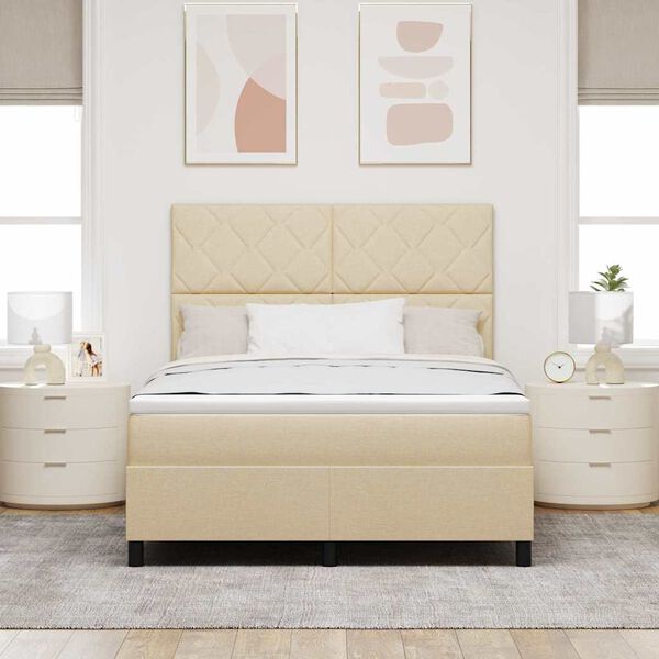 vidaXL Pat cu arcuri cu saltea cu headboard Crem 160 x 200 cm țesătură
