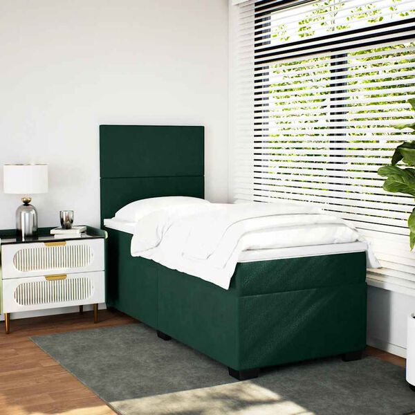 vidaXL Pat box spring cu saltea, verde &icirc;nchis, 90x200 cm, catifea
