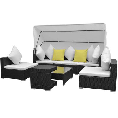 vidaXL Set mobilier de grădină cu baldachin, 7 piese, negru, poliratan