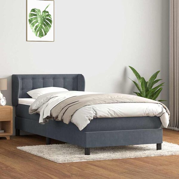 vidaXL Pat box spring cu saltea, gri &icirc;nchis, 90x210 cm, catifea