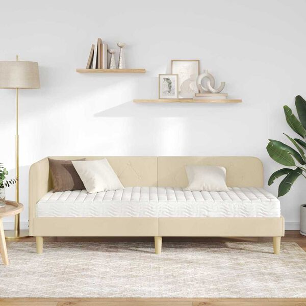 vidaXL Cadru de pat colțar cu saltea Crem 80 x 200 cm țesătură