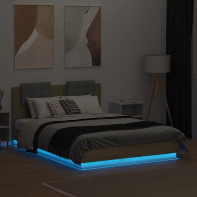 vidaXL Cadru de pat cu tăblie și lumini LED, stejar sonoma, 140x190 cm