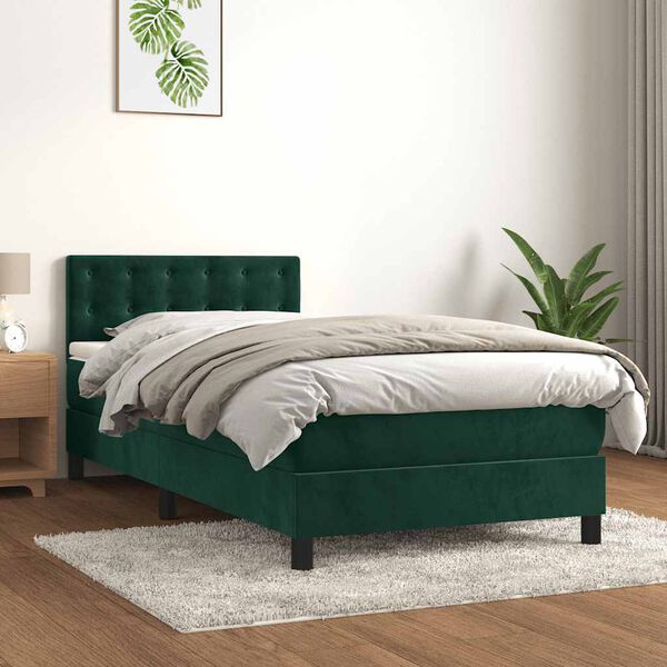 vidaXL Pat box spring cu saltea, verde &icirc;nchis, 80x200 cm, catifea