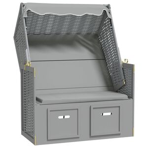 vidaXL Scaun de plajă cu baldachin, gri, poliratan și lemn masiv