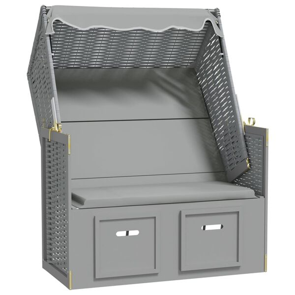 vidaXL Scaun de plajă cu baldachin, gri, poliratan și lemn masiv