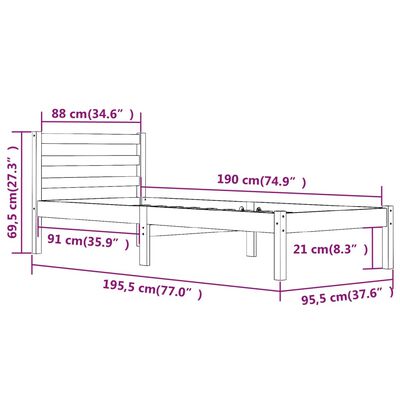 vidaXL Cadru de pat single, gri, 90x190 cm, lemn masiv de pin