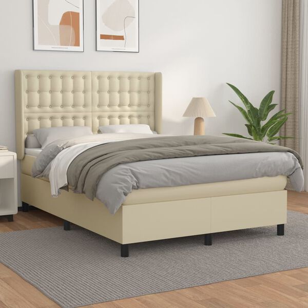 vidaXL Pat box spring cu saltea, crem, 140x200 cm, piele ecologică