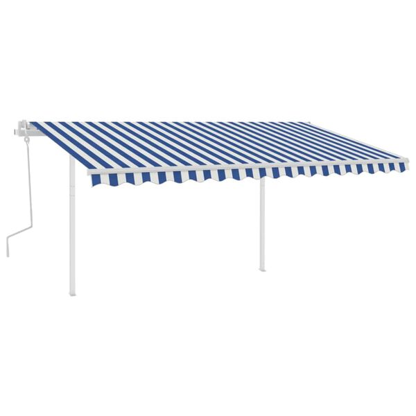 vidaXL Copertină retractabilă manual cu st&acirc;lpi, albastru&alb, 4x3,5 m
