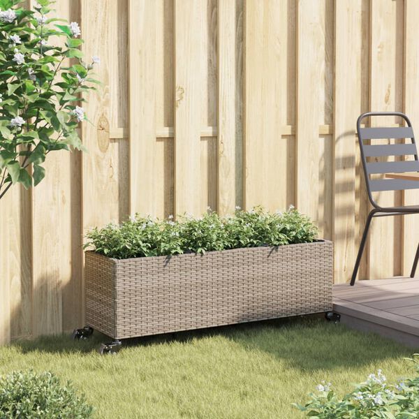 vidaXL Jardinieră grădină cu roți/3 ghivece gri 107x32x38 cm poliratan