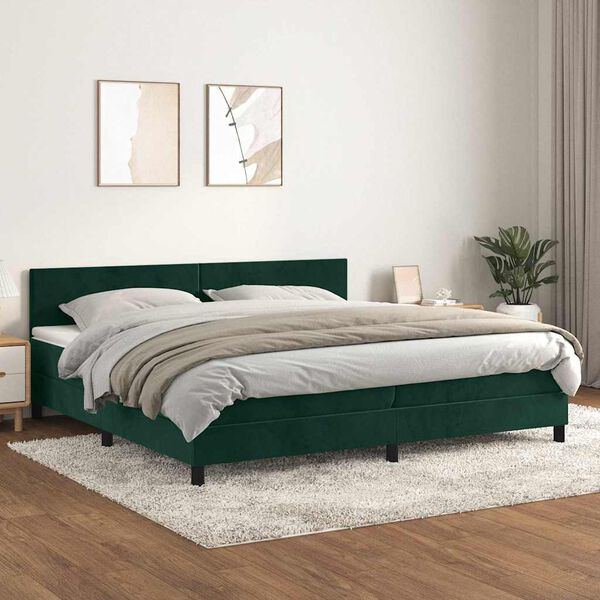 vidaXL Pat box spring cu saltea, verde &icirc;nchis, 200x200 cm, catifea