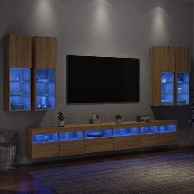 vidaXL Comode TV de perete cu lumini LED, 7 piese, stejar sonoma