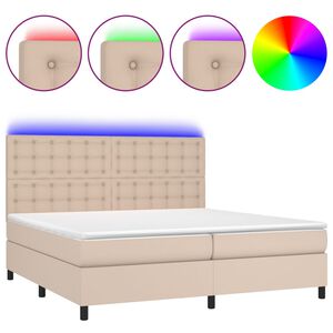 vidaXL Pat cu arcuri, cu saltea și LED cappuccino 200x200 cm piele eco