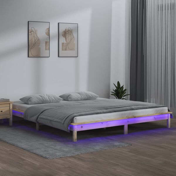vidaXL Cadru de pat cu LED, 150x200 cm, lemn masiv, King Size 5FT