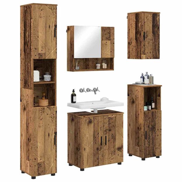 vidaXL Set de mobilier pentru baie Pe perete cu ușă 5 pcs Lemn Vechi