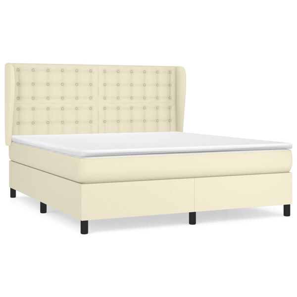 vidaXL Pat box spring cu saltea, crem, 180x200 cm, piele ecologică