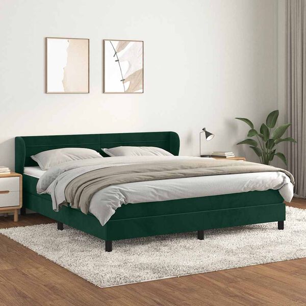 vidaXL Pat box spring cu saltea, verde &icirc;nchis, 180x200 cm, catifea