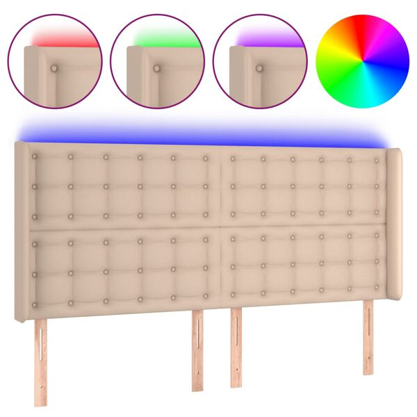 vidaXL Tăblie de pat cu LED, cappuccino, 183x16x118/128 cm, piele eco