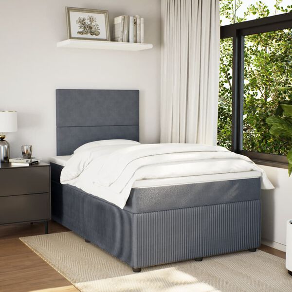 vidaXL Pat box spring cu saltea, gri &icirc;nchis, 120x190 cm, catifea