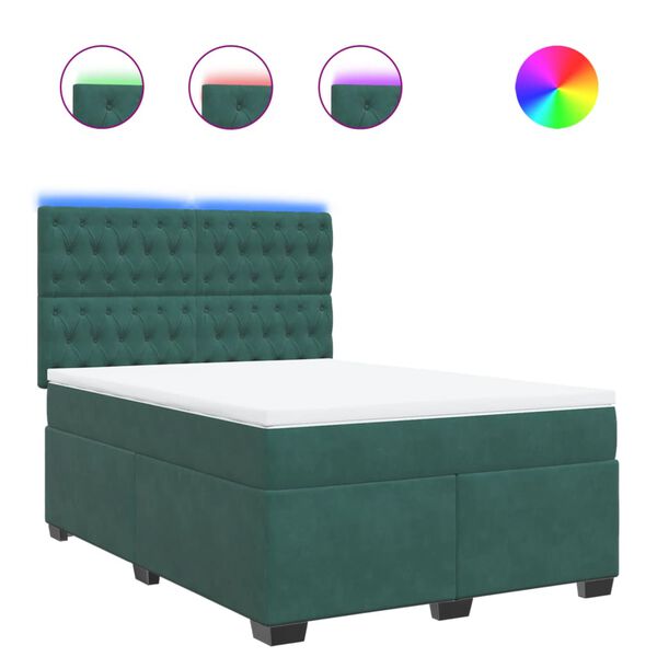vidaXL Pat box spring cu saltea, verde &icirc;nchis, 140x190 cm, catifea