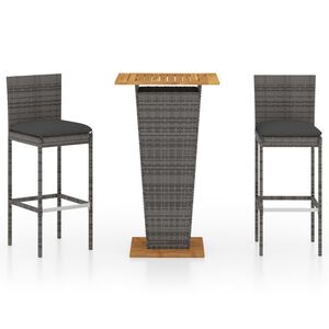 vidaXL Set mobilier bar de grădină, cu perne, 3 piese, gri, poliratan