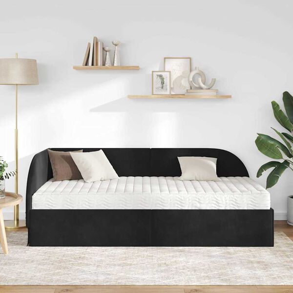 vidaXL Cadru de pat colțar cu saltea cu headboard 2 pcs Negru Catifea