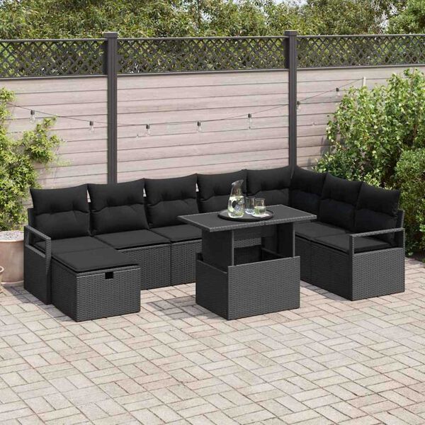 vidaXL Set de canapele pentru grădină cu pernă 9 pcs Negru Rattan poli