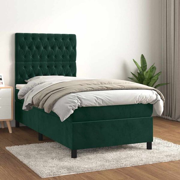 vidaXL Pat box spring cu saltea, verde &icirc;nchis, 80x200 cm, catifea