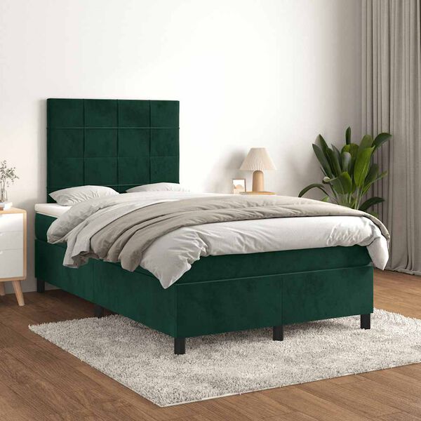 vidaXL Pat box spring cu saltea, verde &icirc;nchis, 120x190 cm, catifea